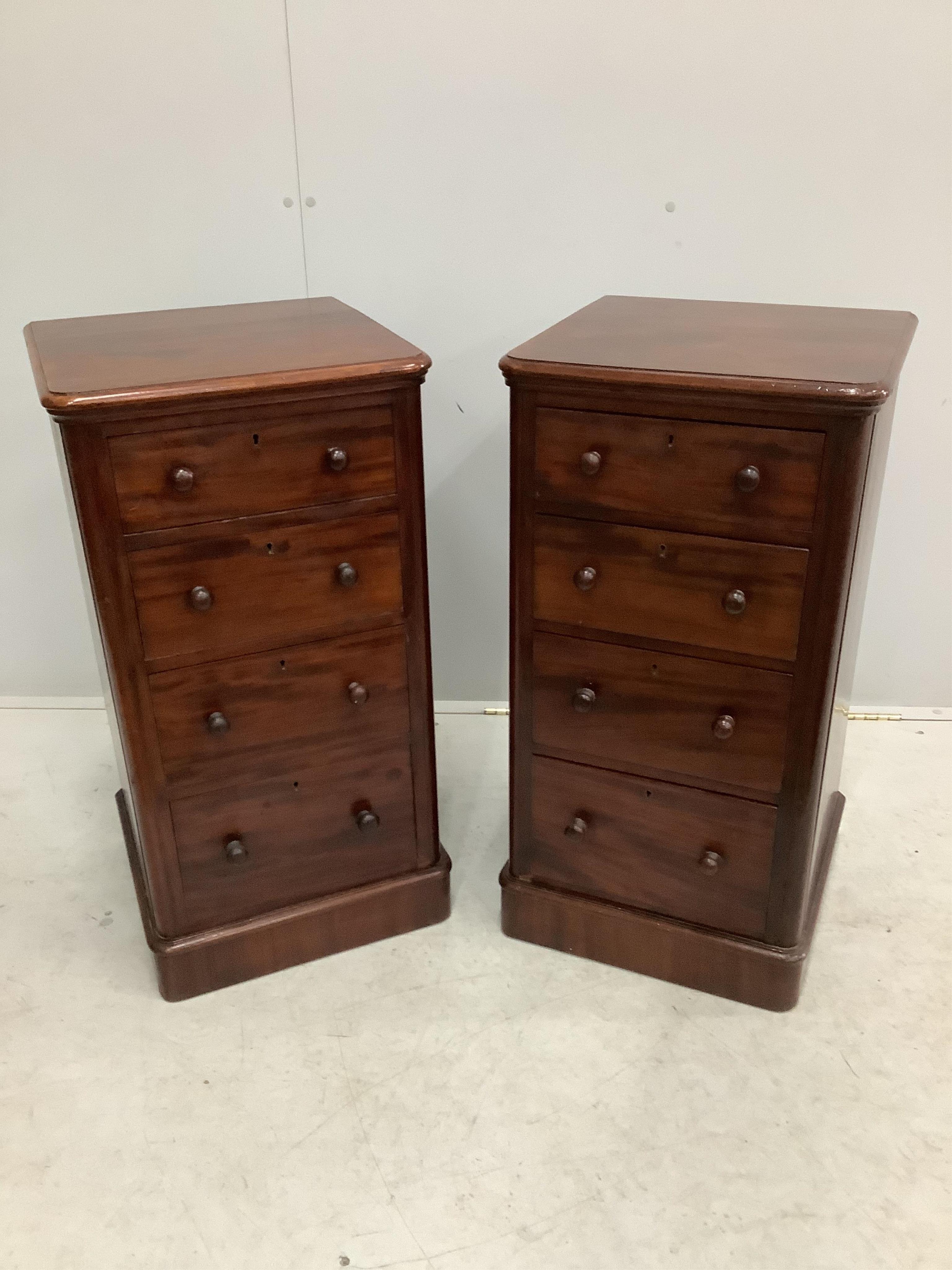 A pair of Victorian and later mahogany four drawer bedside chests, adapted, width 42cm, depth 40cm, height 81cm. Condition - good.